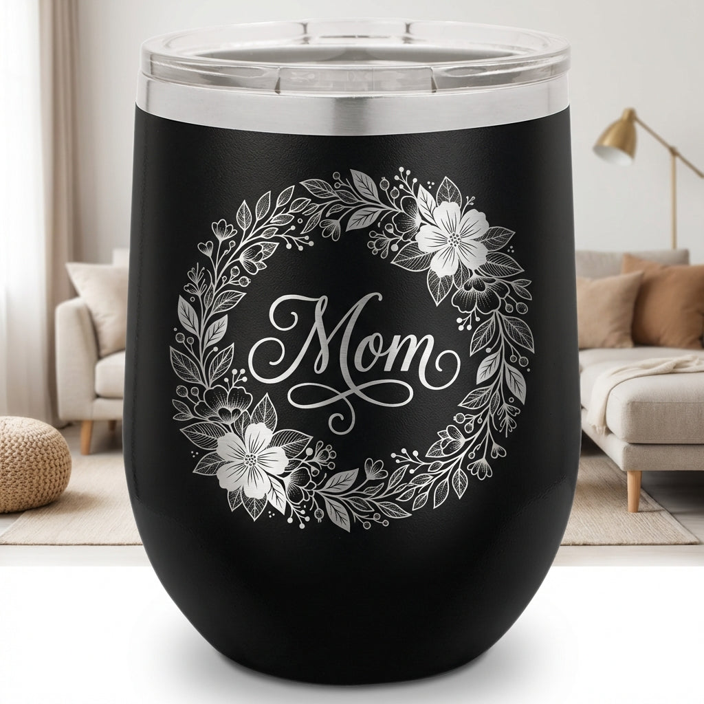 Personalized Mom Floral Wine Tumbler Gift - Mother's Day Birthday - Laser Engraved Durable Stainless Steel Stemless Cup - View 1