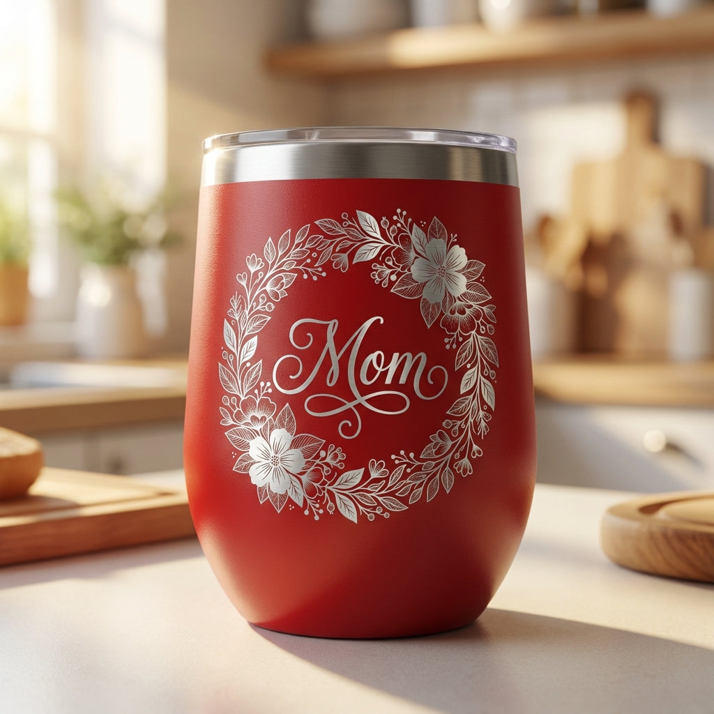 Personalized Mom Floral Wine Tumbler Gift - Mother's Day Birthday - Laser Engraved Durable Stainless Steel Stemless Cup - View 2