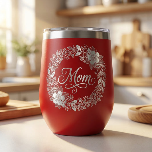 Personalized Mom Floral Wine Tumbler Gift - Mother's Day Birthday - Laser Engraved Durable Stainless Steel Stemless Cup - View 2