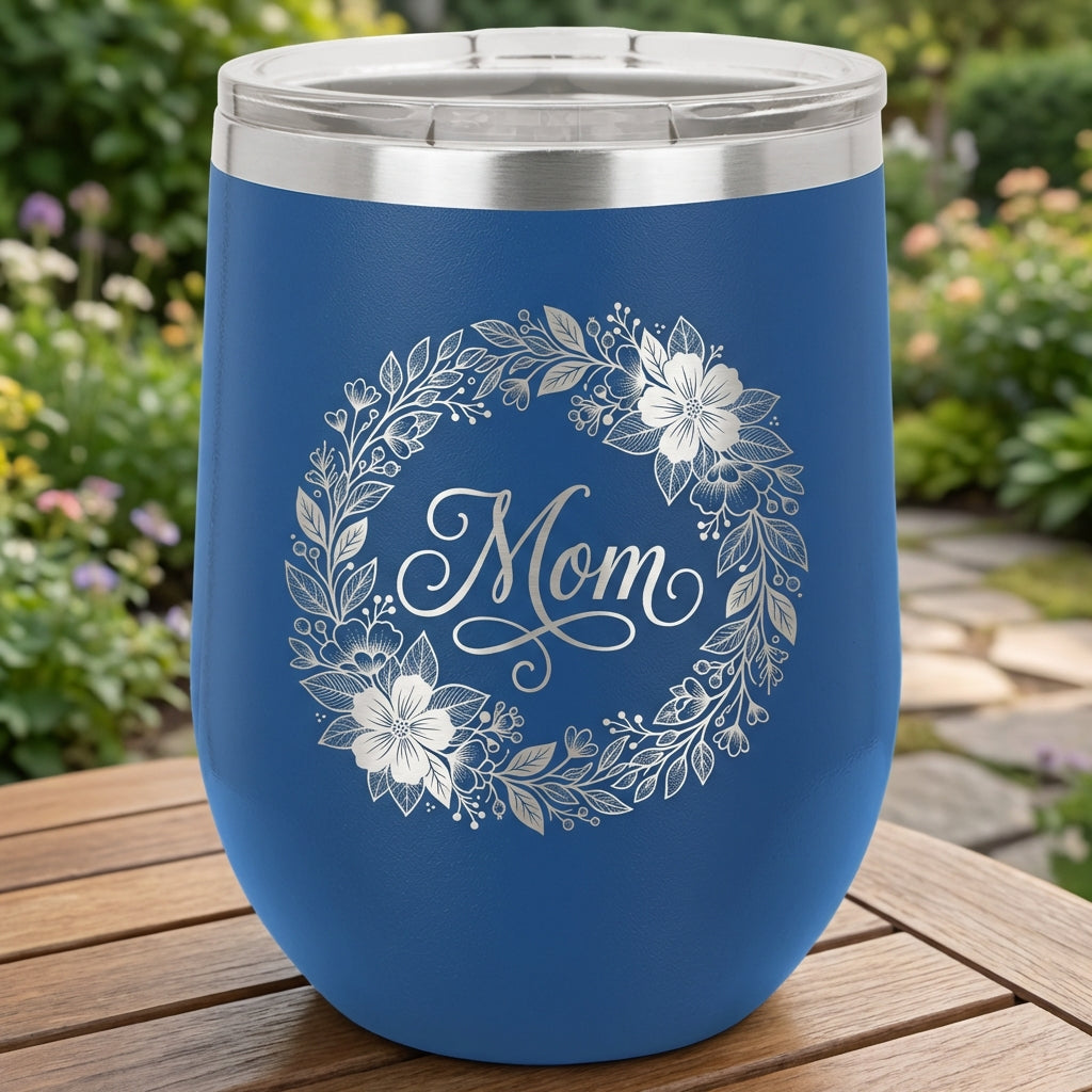 Personalized Mom Floral Wine Tumbler Gift - Mother's Day Birthday - Laser Engraved Durable Stainless Steel Stemless Cup - View 3