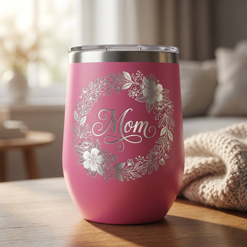 Personalized Mom Floral Wine Tumbler Gift - Mother's Day Birthday - Laser Engraved Durable Stainless Steel Stemless Cup - View 4