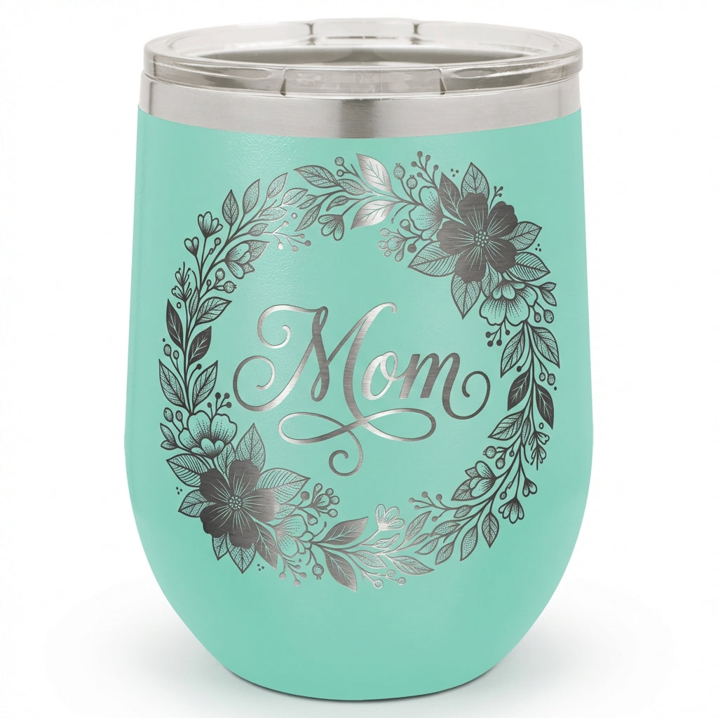 Personalized Mom Floral Wine Tumbler Gift - Mother's Day Birthday - Laser Engraved Durable Stainless Steel Stemless Cup - View 5