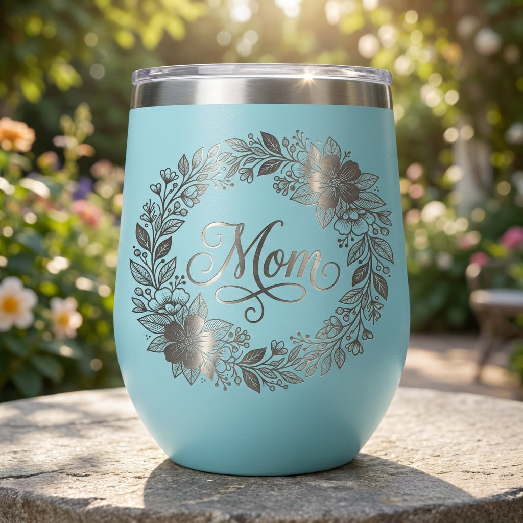 Personalized Mom Floral Wine Tumbler Gift - Mother's Day Birthday - Laser Engraved Durable Stainless Steel Stemless Cup - View 6