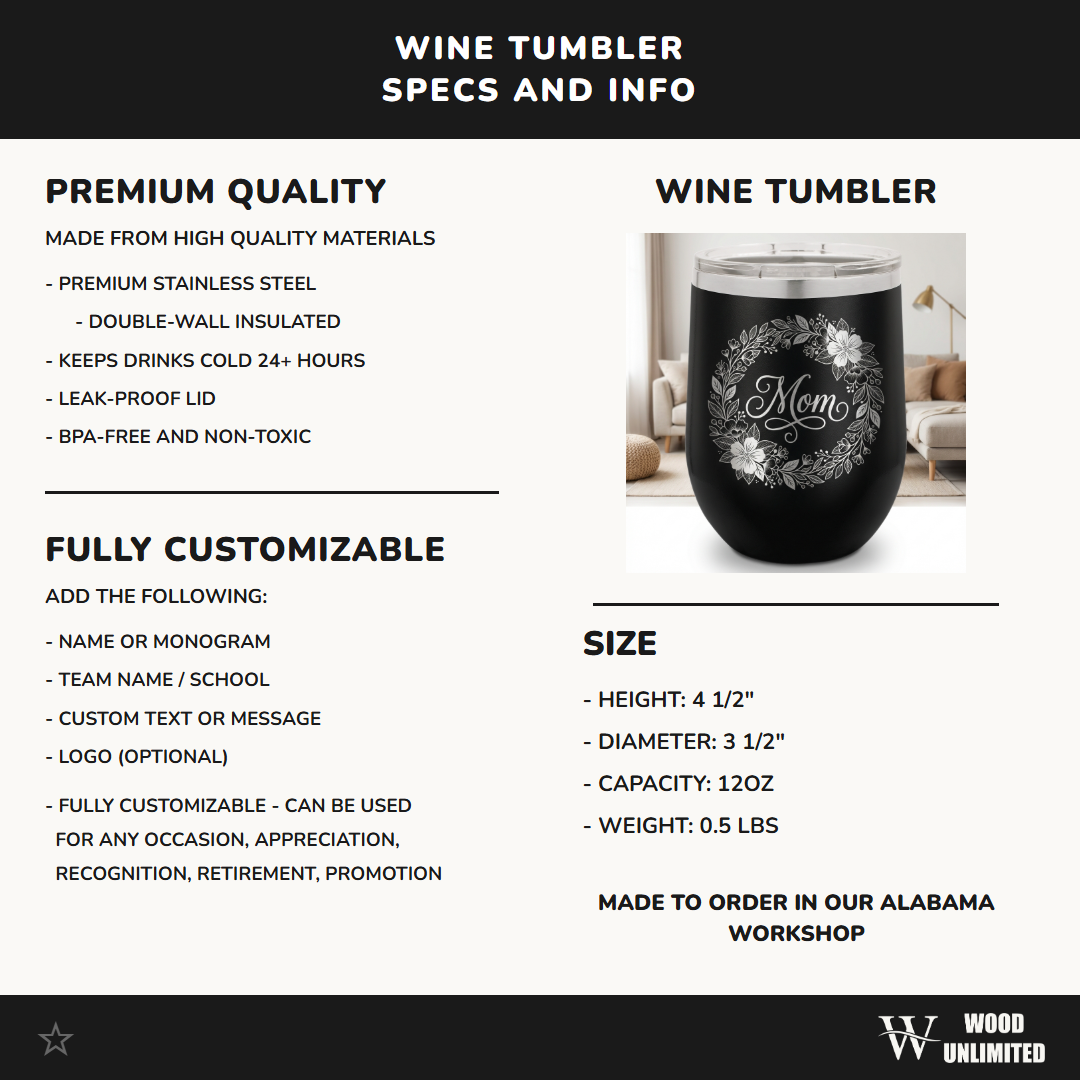 Personalized Mom Floral Wine Tumbler Gift - Mother's Day Birthday - Laser Engraved Durable Stainless Steel Stemless Cup
