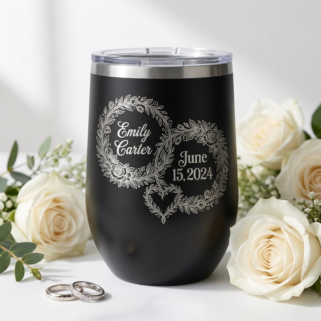 Personalized Wedding Couple Gift Stemless Wine Tumbler - Engraved Floral Wreath - Engagement Anniversary Bridal Shower - Custom Name Date - View 1