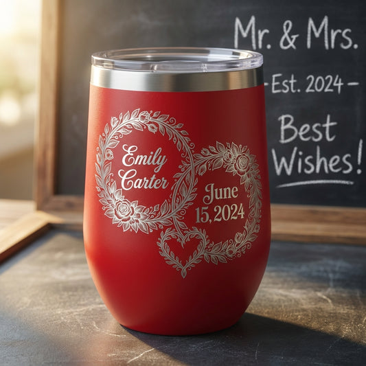 Personalized Wedding Couple Gift Stemless Wine Tumbler - Engraved Floral Wreath - Engagement Anniversary Bridal Shower - Custom Name Date - View 2