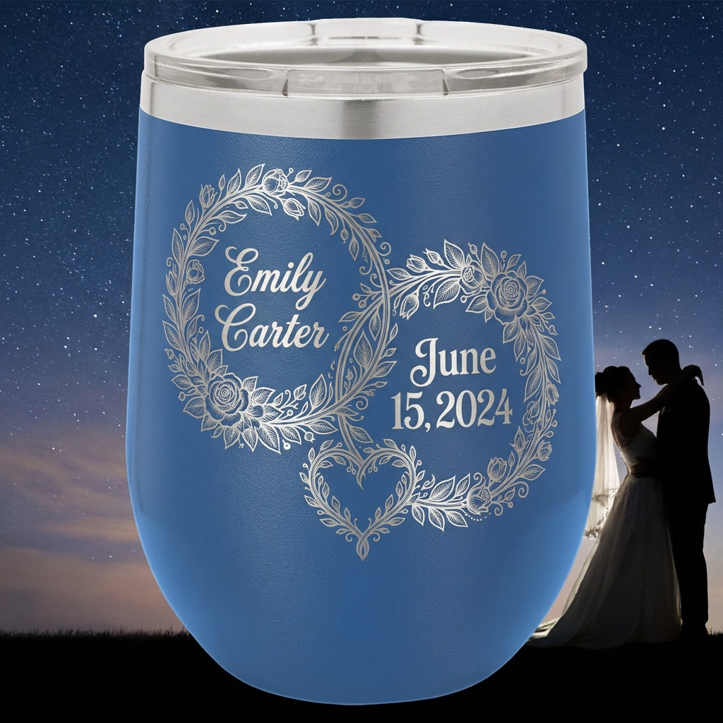 Personalized Wedding Couple Gift Stemless Wine Tumbler - Engraved Floral Wreath - Engagement Anniversary Bridal Shower - Custom Name Date - View 3
