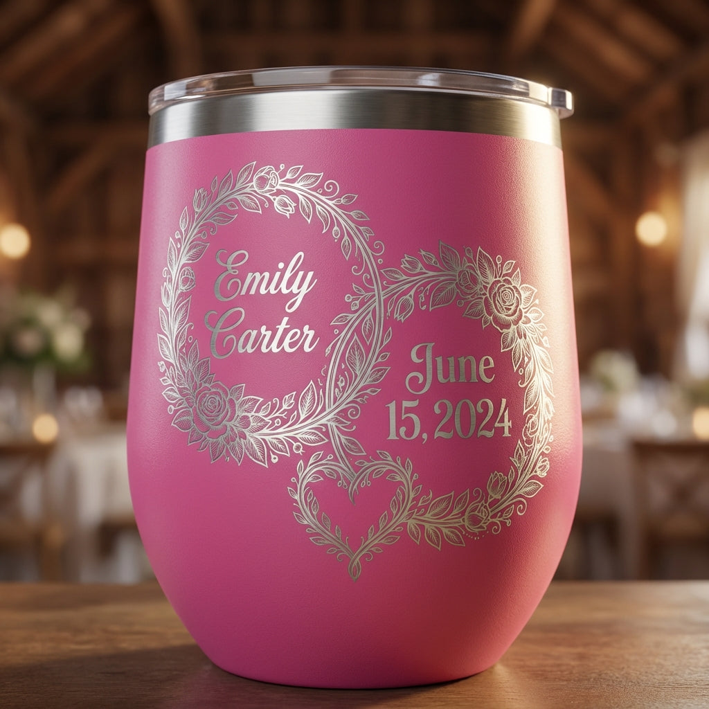 Personalized Wedding Couple Gift Stemless Wine Tumbler - Engraved Floral Wreath - Engagement Anniversary Bridal Shower - Custom Name Date - View 4