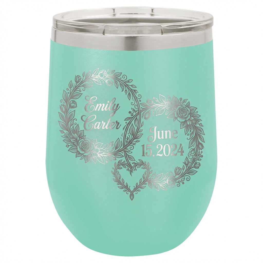 Personalized Wedding Couple Gift Stemless Wine Tumbler - Engraved Floral Wreath - Engagement Anniversary Bridal Shower - Custom Name Date - View 5