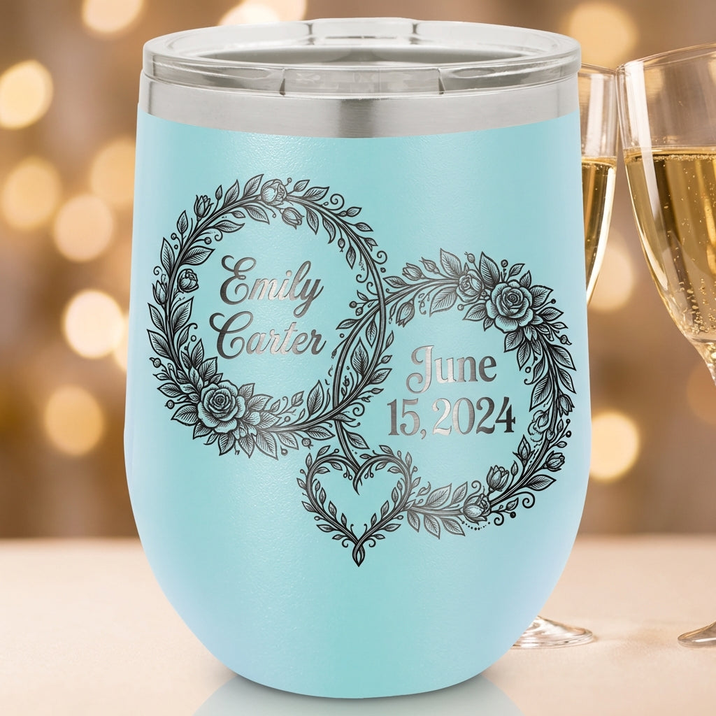 Personalized Wedding Couple Gift Stemless Wine Tumbler - Engraved Floral Wreath - Engagement Anniversary Bridal Shower - Custom Name Date - View 6