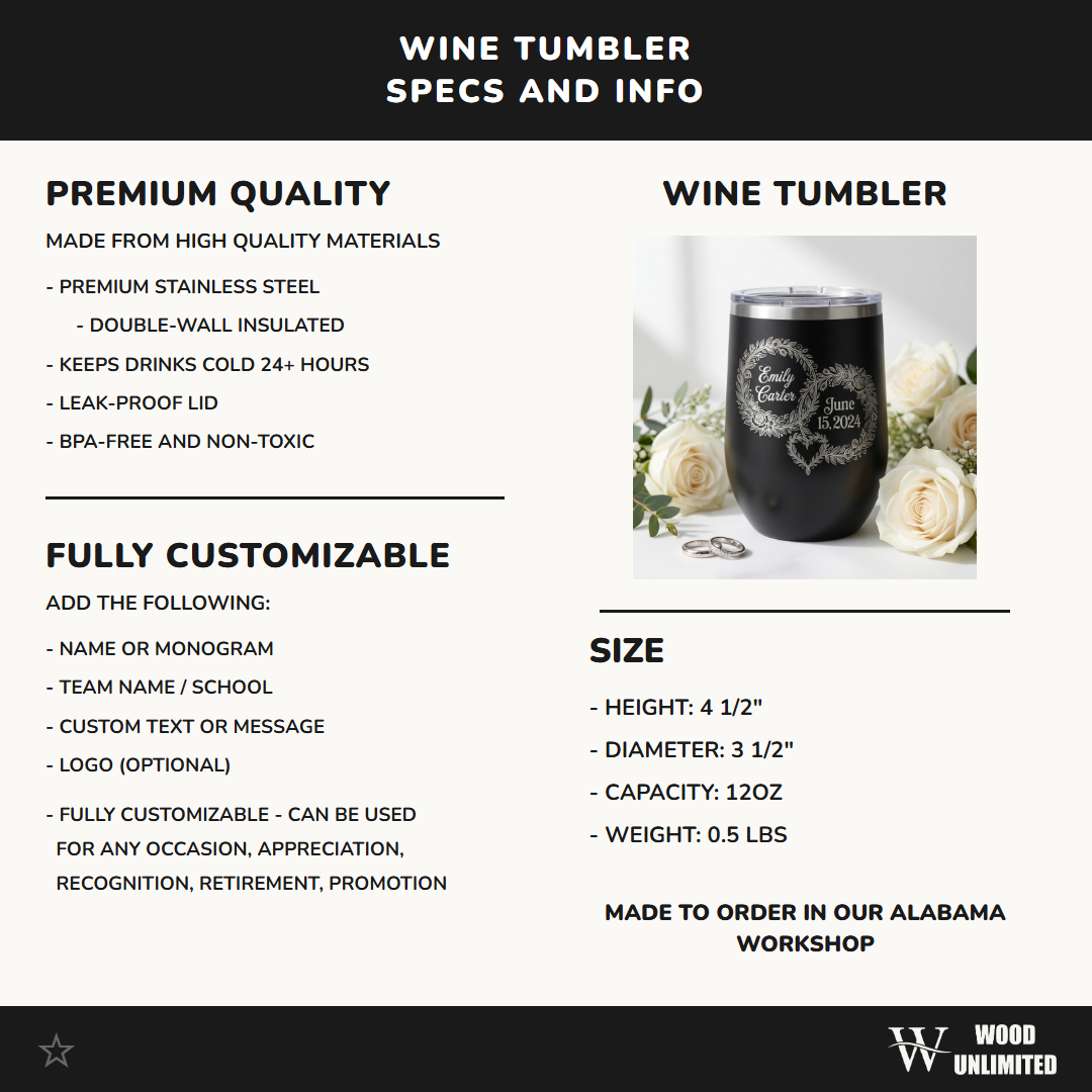 Personalized Wedding Couple Gift Stemless Wine Tumbler - Engraved Floral Wreath - Engagement Anniversary Bridal Shower - Custom Name Date