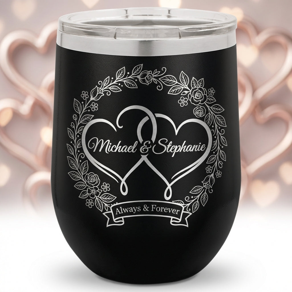 Personalized Wedding Gift for Couple - Engagement Wine Tumbler - Custom Anniversary Present - Laser Engraved Hearts Tumbler - View 1