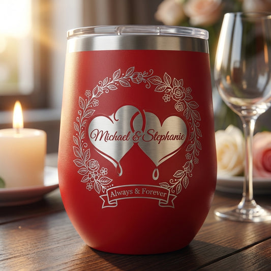 Personalized Wedding Gift for Couple - Engagement Wine Tumbler - Custom Anniversary Present - Laser Engraved Hearts Tumbler - View 2