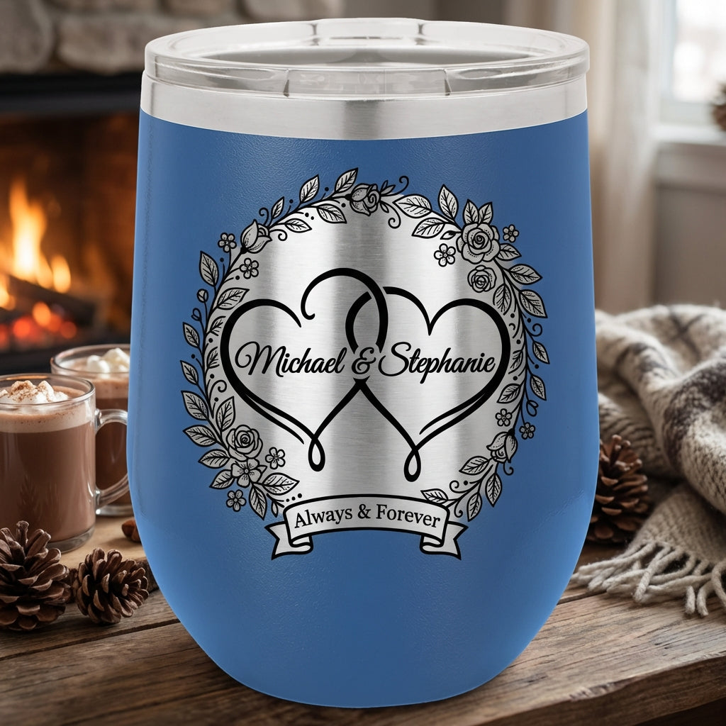 Personalized Wedding Gift for Couple - Engagement Wine Tumbler - Custom Anniversary Present - Laser Engraved Hearts Tumbler - View 3