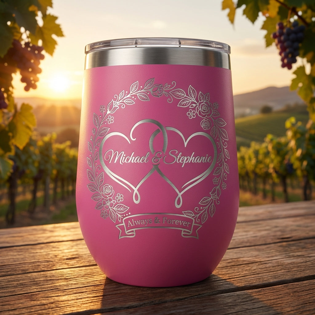 Personalized Wedding Gift for Couple - Engagement Wine Tumbler - Custom Anniversary Present - Laser Engraved Hearts Tumbler - View 4