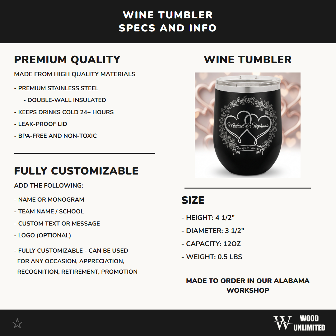 Personalized Wedding Wine Tumbler, Custom Engraved Engagement & Anniversary Gift for Couples