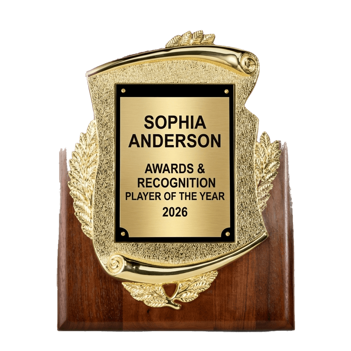 Personalized Awards & Recognition award, custom laser engraved on a walnut plate for the recipient's name — featuring Walnut Plaque Gold Frame Engraved, a popular choice for Businesses for Employee Recognition Ceremonies