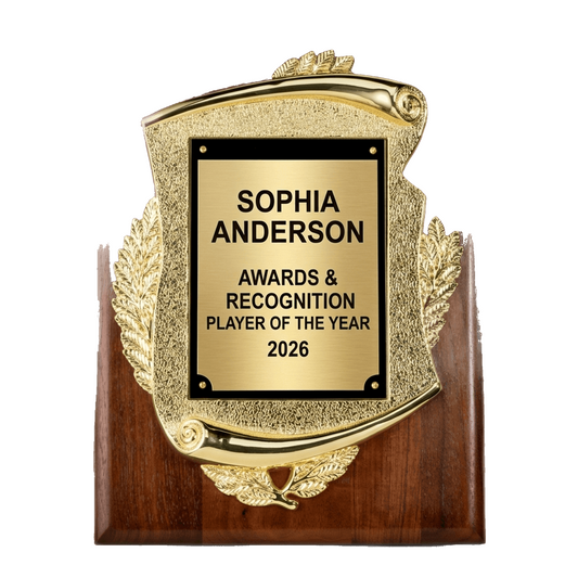 Personalized Awards & Recognition award, custom laser engraved on a walnut plate for the recipient's name — featuring Walnut Plaque Gold Frame Engraved, a popular choice for Businesses for Employee Recognition Ceremonies