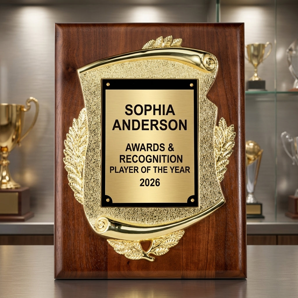 Front view of a personalized Awards & Recognition award in walnut, custom engraved with the recipient's name and achievement — featuring Custom Employee Recognition Award, a popular choice for Corporations for Sports Banquets