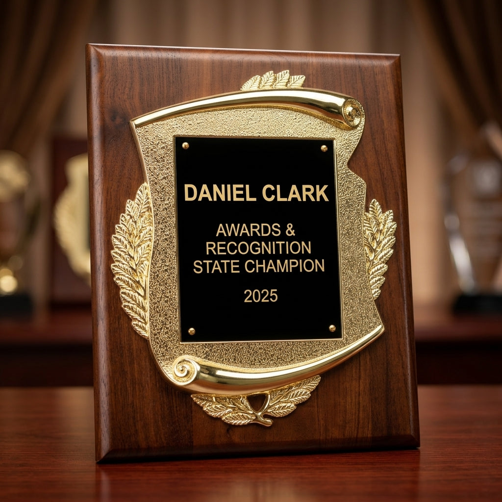 Personalized Awards & Recognition award angled view showing the walnut finish and custom engraving detail — featuring Personalized Retirement Plaque Gift, a popular choice for Schools for Academic Award Nights