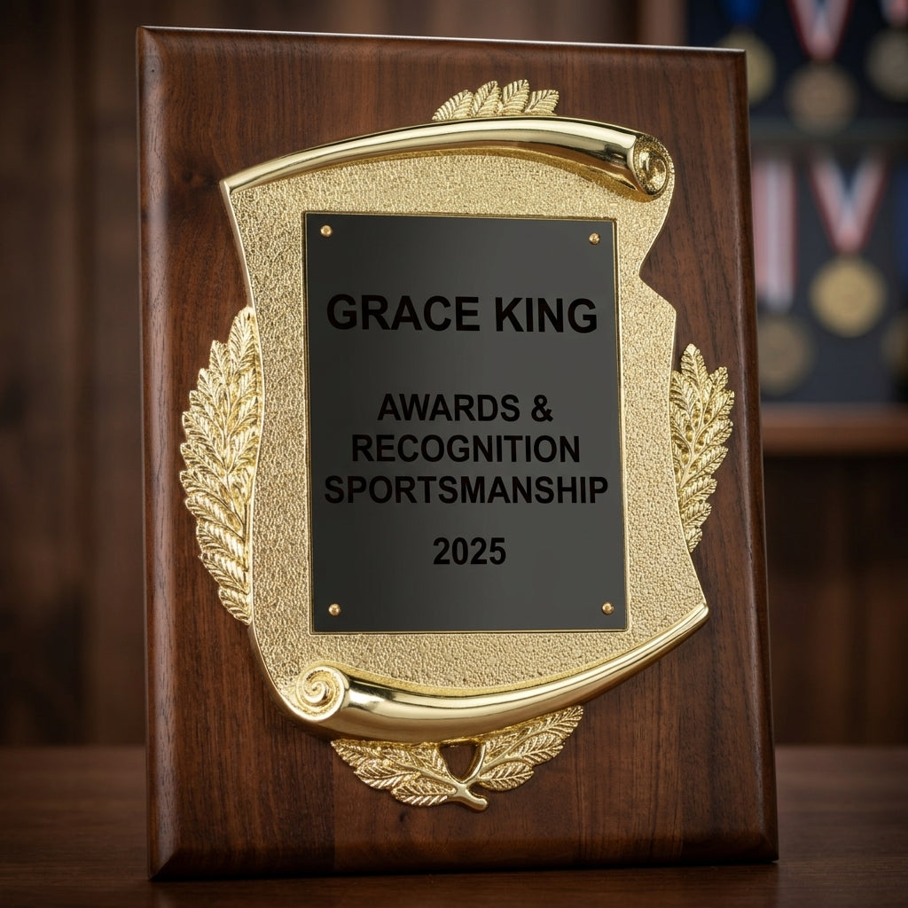 Close-up of the custom engraved name plate on a personalized Awards & Recognition award (walnut) — featuring 9x12 Corporate Achievement Award, a popular choice for Sports Organizations for Retirement Parties