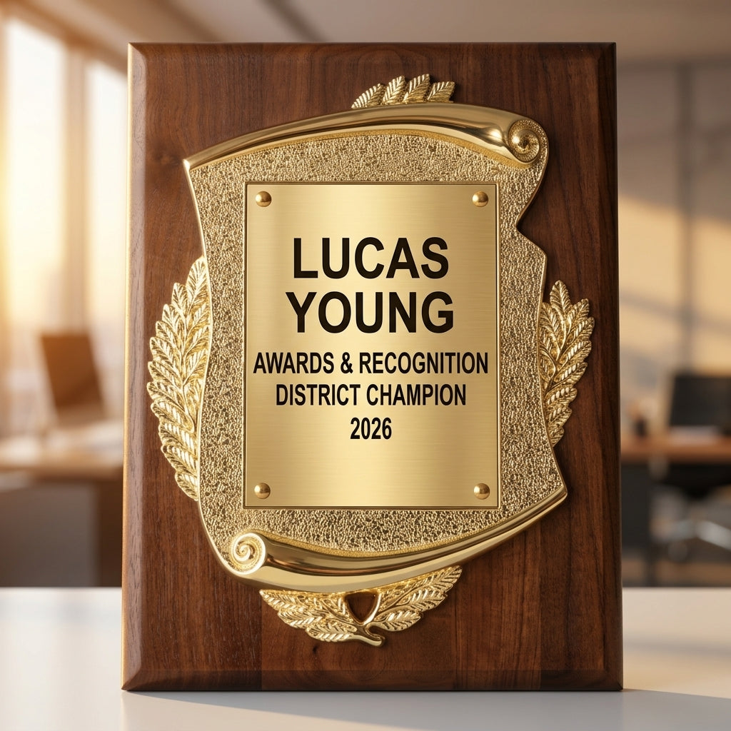 Personalized Awards & Recognition award additional detail view, a 9x12 inch walnut plaque featuring a decorative gold frame and a black engraving plate, designed for personalized awards and recognition, engraved in walnut — featuring Customizable Wood Plaque Award, a popular choice for Military Branches for Volunteer Appreciation Events