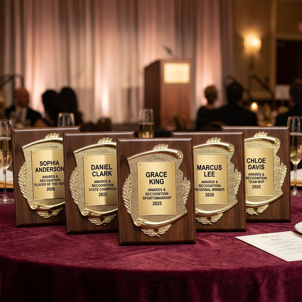Multiple personalized Awards & Recognition awards displayed together for a banquet or team order, each custom engraved in walnut — featuring Walnut Plaque Gold Frame Engraved, a popular choice for Government Agencies for Competitions