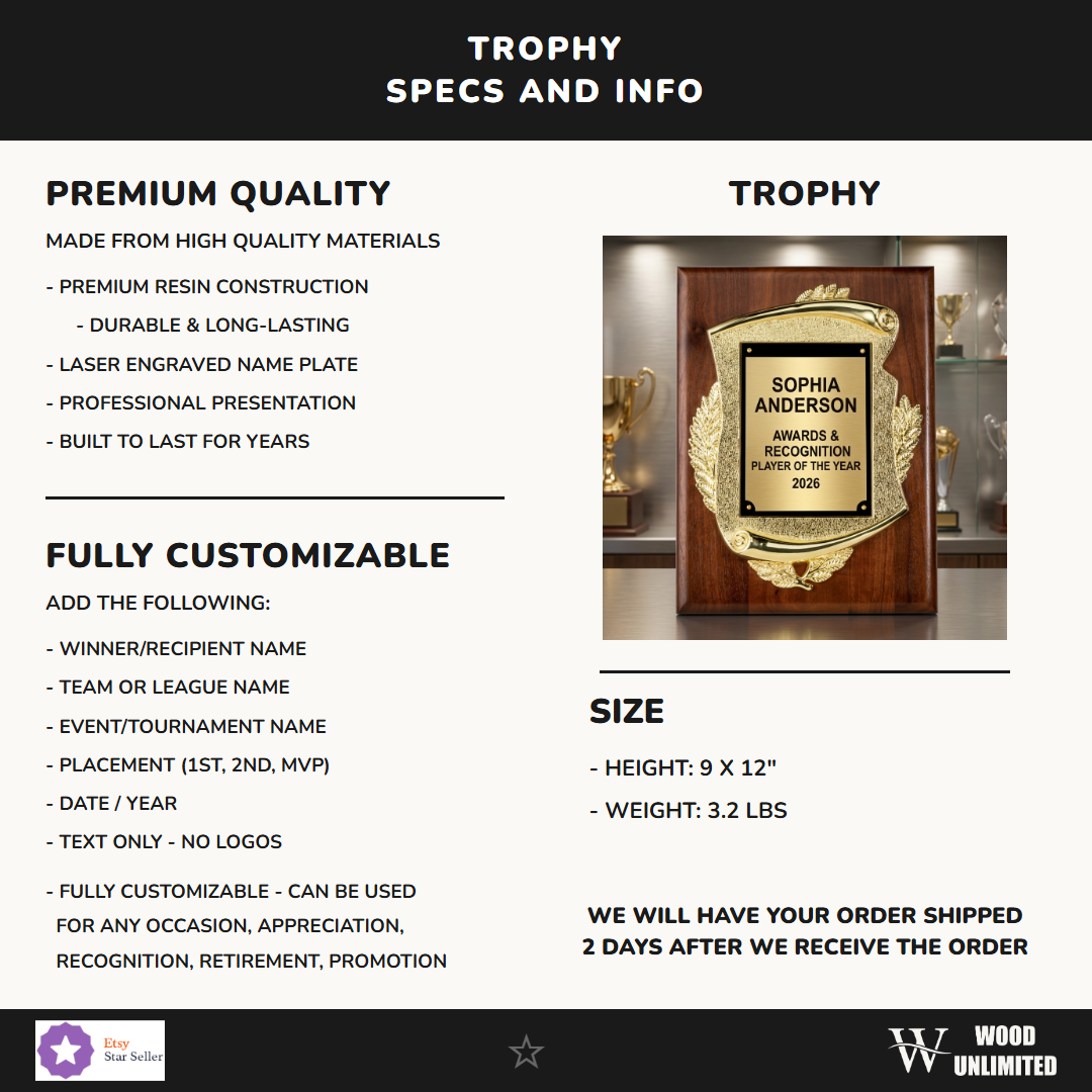 Awards & Recognition award size, walnut material, and personalization specification chart for custom engraving orders — featuring Personalized Retirement Plaque Gift, a popular choice for Businesses for Employee Recognition Ceremonies