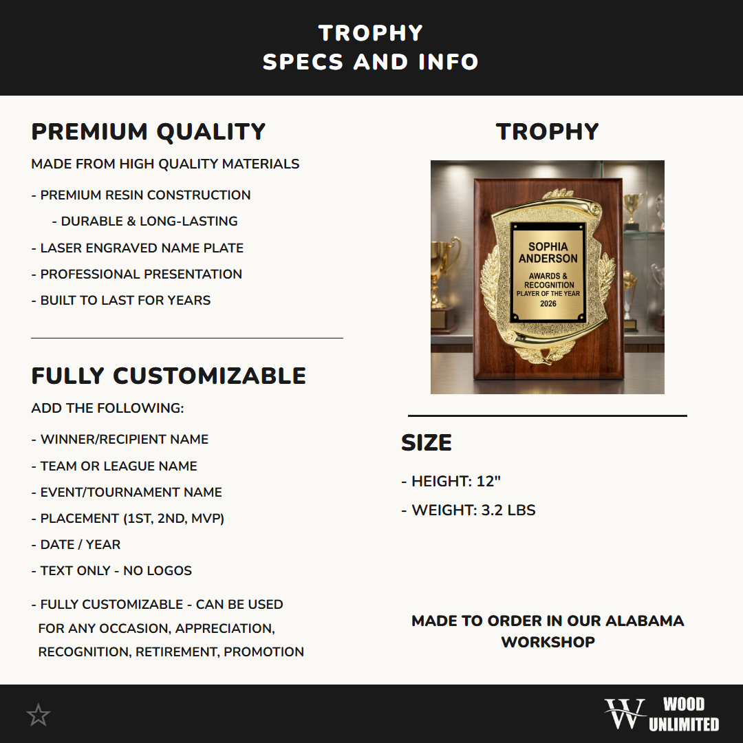 Awards & Recognition award size, walnut material, and personalization specification chart for custom engraving orders, formatted for Amazon shoppers — featuring Custom Employee Recognition Award, a popular choice for Individuals for Corporate Galas
