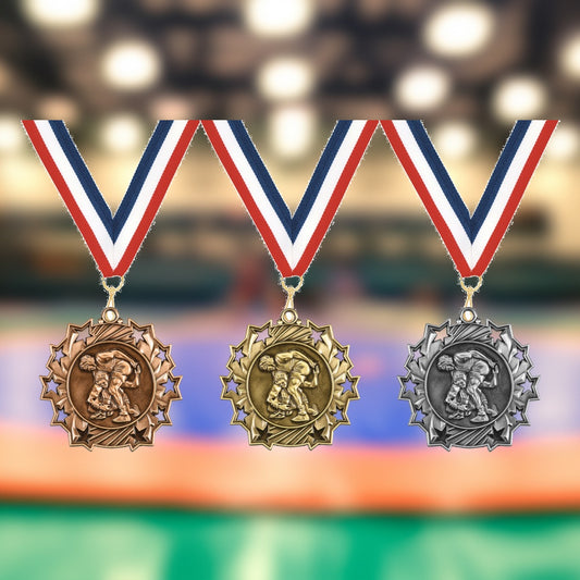 Personalized Wrestling Team Medals, Wrestler Medallions with Neck Ribbon, Wrestler Awards for Players and Coaches - Main p...