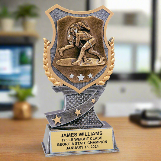 7-inch Shield Wrestling Trophy with Gold and Silver Finish - Customizable Wrestling Award for Tournaments and MVPs