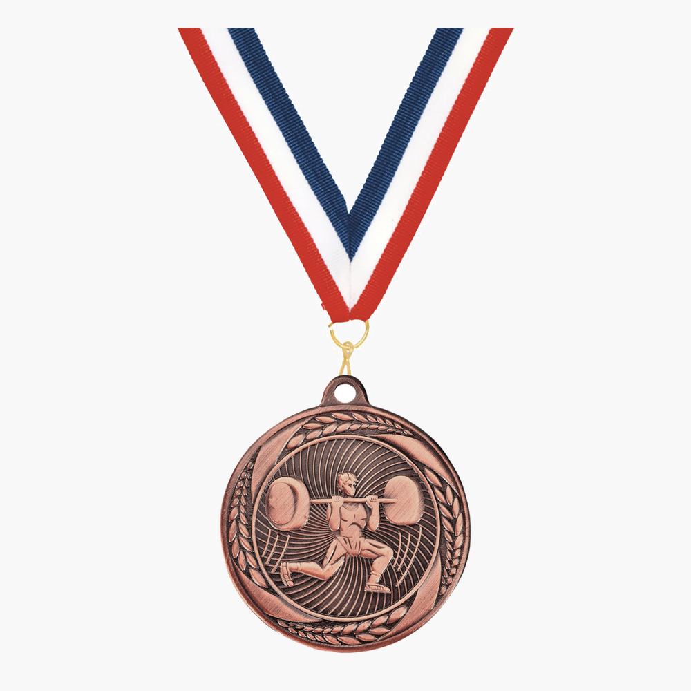 Personalized Weightlifting Medals with Neck Ribbon - Gold Silver Bronze - Custom Engraved