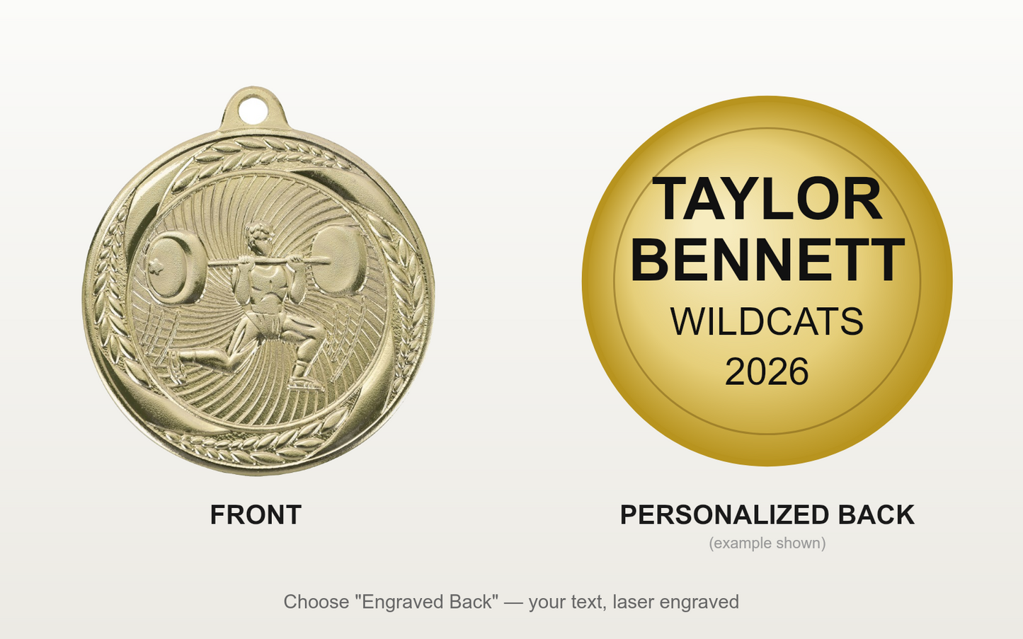 Personalized Weightlifting Medals with Neck Ribbon - Gold Silver Bronze - Custom Engraved