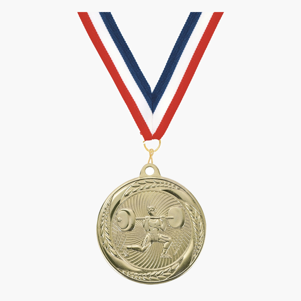 Personalized Weightlifting Medals with Neck Ribbon - Gold Silver Bronze - Custom Engraved