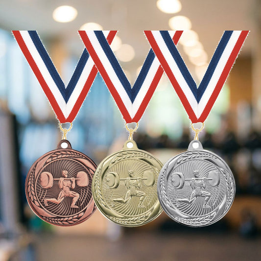 Personalized Weightlifting Medals with Neck Ribbon — personalized laser engraved medals from Wood Unlimited, made to order in Alabama