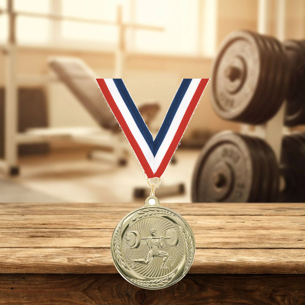 Personalized Weightlifting Medals with Neck Ribbon - Gold Silver Bronze - Custom Engraved