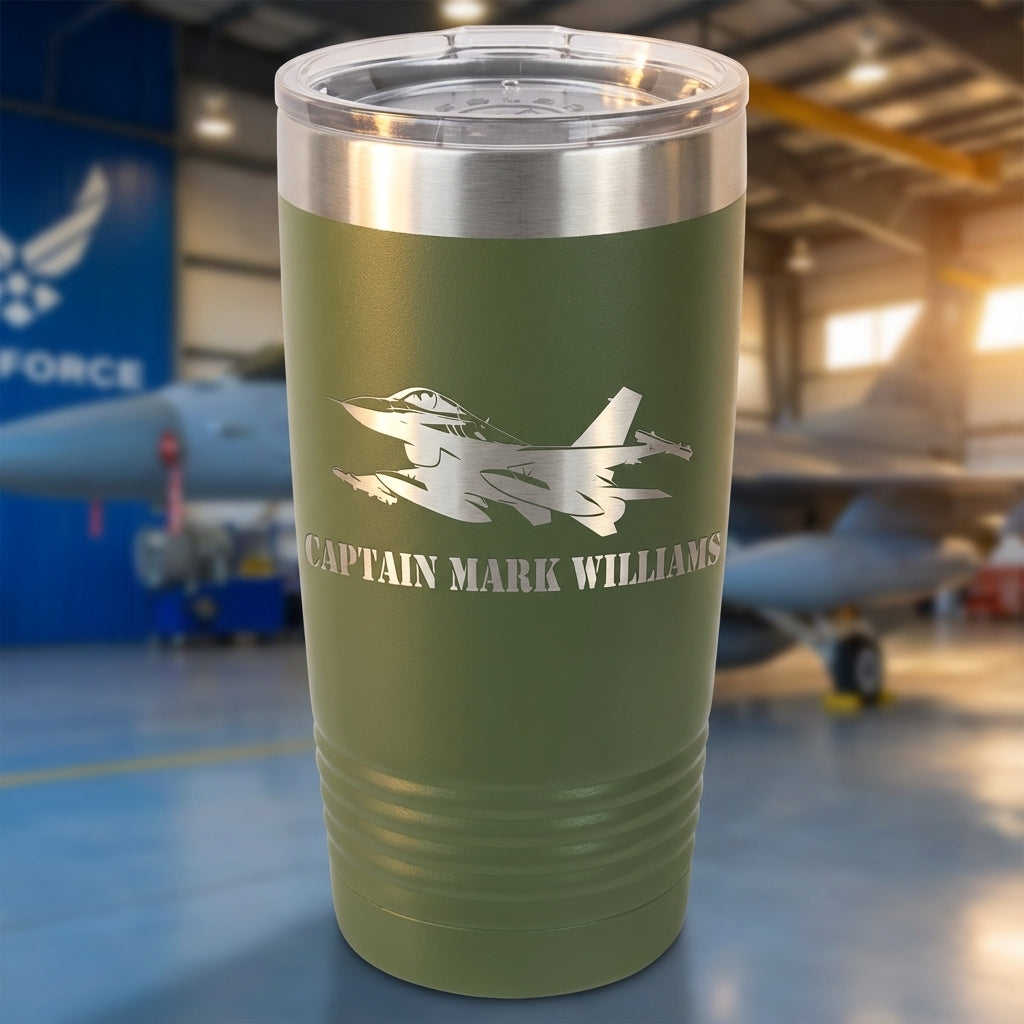 F16 Air Force Pilot Tumbler Gift - Personalized Military Veteran Retirement - Laser Engraved Custom Name - View 7