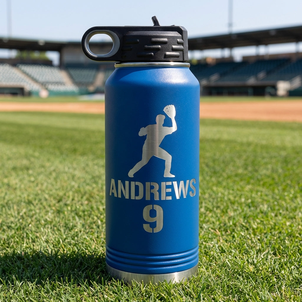 Personalized Baseball Player Water Bottle Gift - Custom Team End of Season Gift - Laser Engraved 32oz Hydration Bottle - Name & Number - View 3
