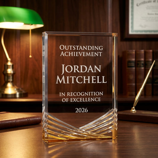 Personalized Inspire acrylic award on a warm executive desk with a green banker's lamp, engraved corporate recognition and retirement gift