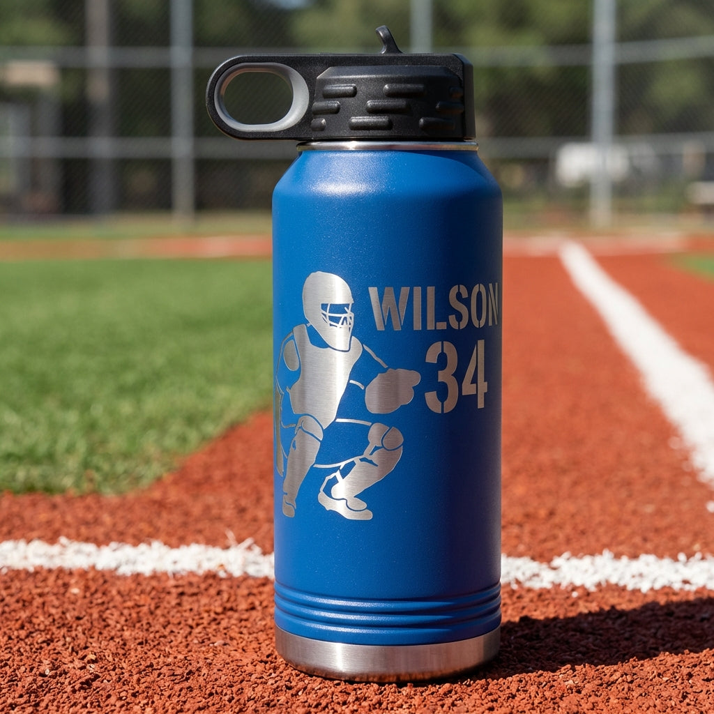 Personalized Baseball Catcher Gift Water Bottle - End of Season Team Present - Laser Engraved Custom Name Number - Durable 32oz - View 3