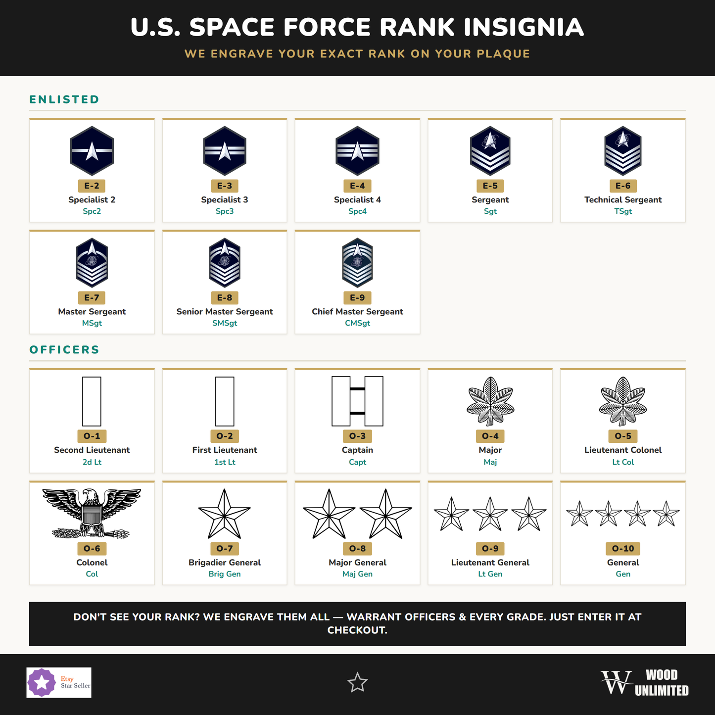 U.S. Space Force rank insignia guide — we engrave your exact rank on the plaque