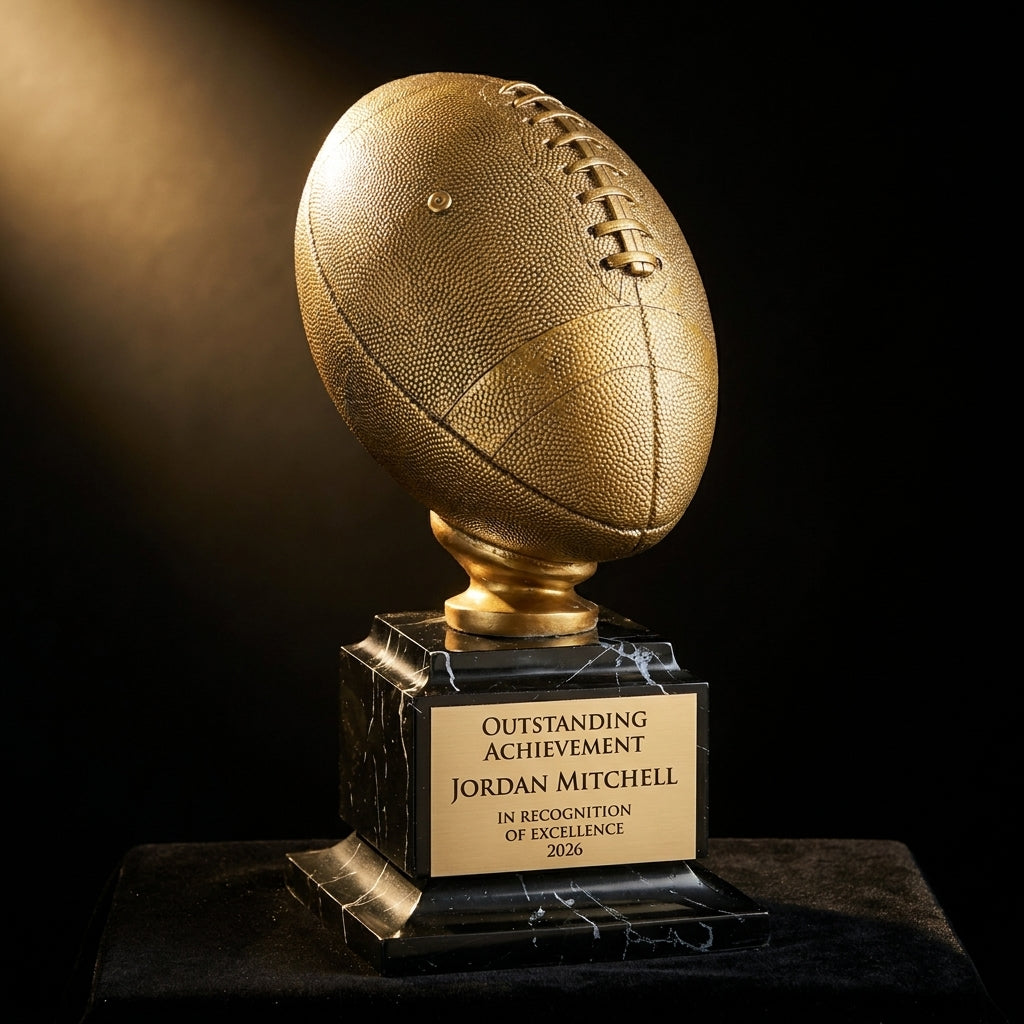Personalized Antique Gold Football Resin Trophy resin award on black velvet under awards-ceremony spotlight, engraved champion and lifetime achievement award