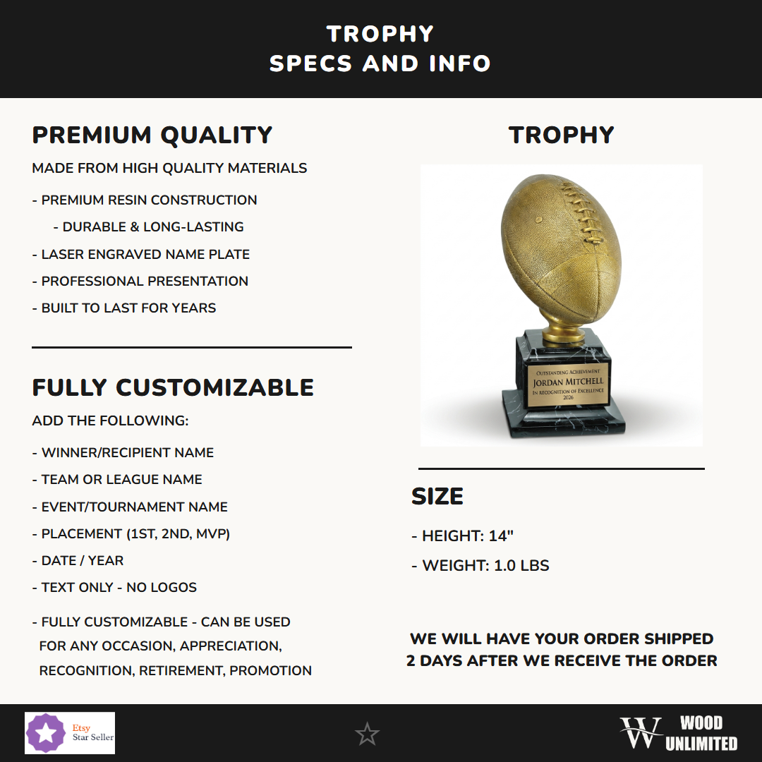 Specifications for the personalized Antique Gold Football Resin Trophy resin award — materials, engraving, and features