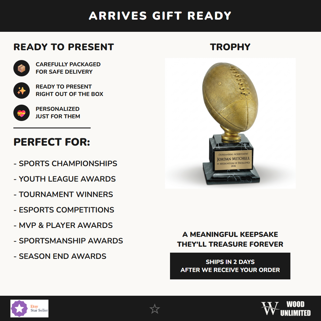 Gift-ready personalized Antique Gold Football Resin Trophy resin award, perfect for ceremonies, retirements, and corporate recognition
