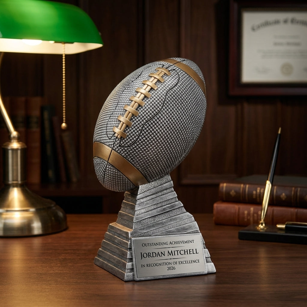 Personalized Antique Silver Football Stand Trophy resin award on a warm executive desk with a green banker's lamp, engraved corporate recognition and retirement gift
