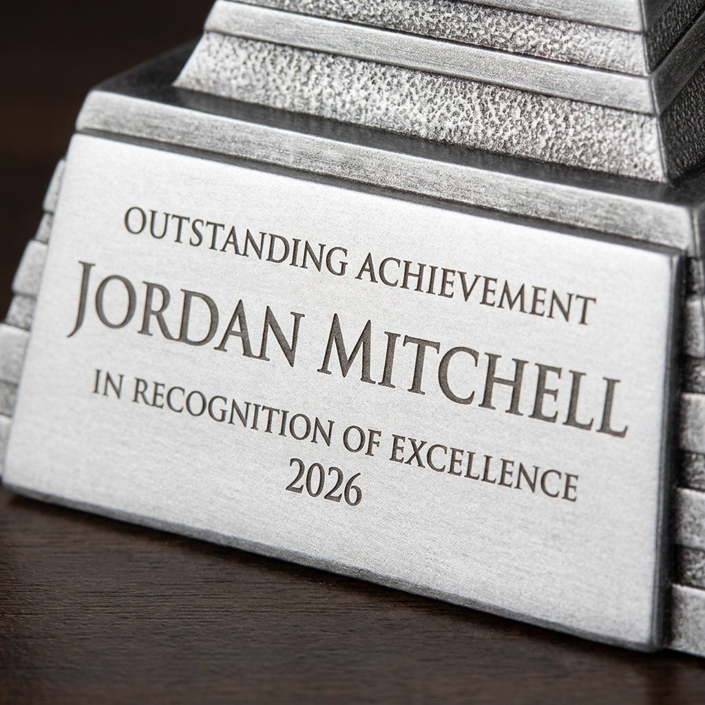 Close-up of the custom laser engraving on a personalized Antique Silver Football Stand Trophy resin award, showing crisp permanent personalization