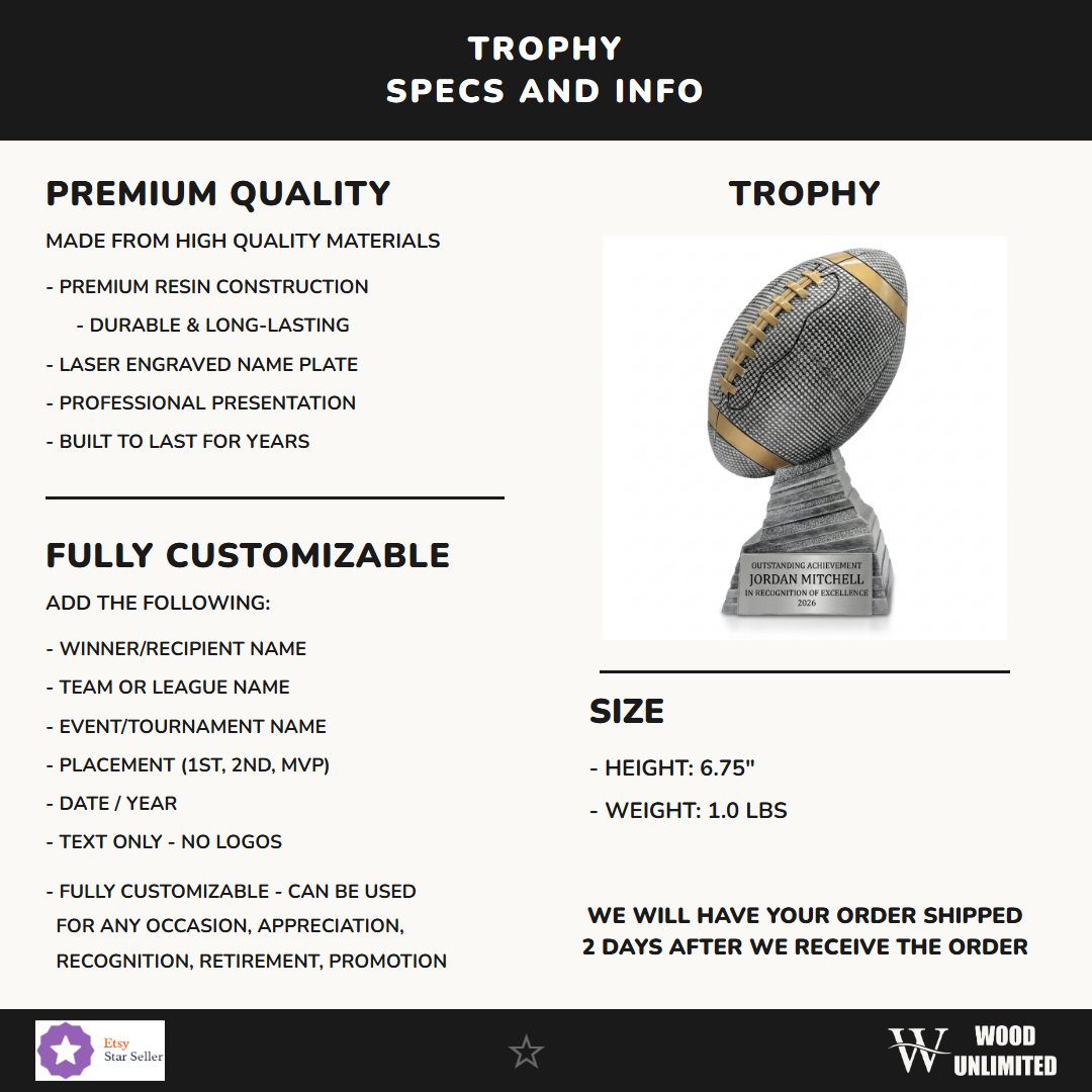 Specifications for the personalized Antique Silver Football Stand Trophy resin award — materials, engraving, and features