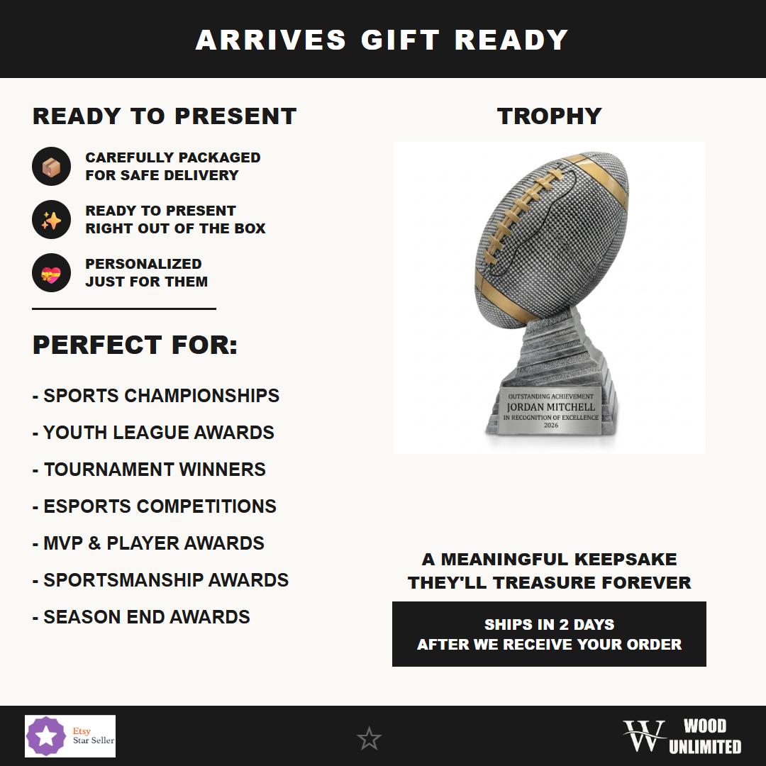 Gift-ready personalized Antique Silver Football Stand Trophy resin award, perfect for ceremonies, retirements, and corporate recognition