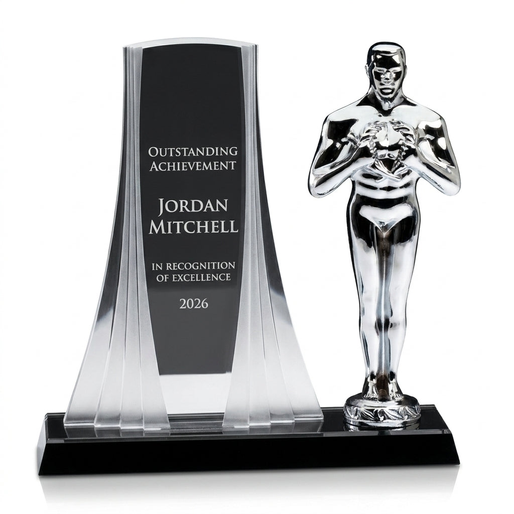 Personalized Apollo acrylic award, custom laser engraved recognition award on a clean white studio background