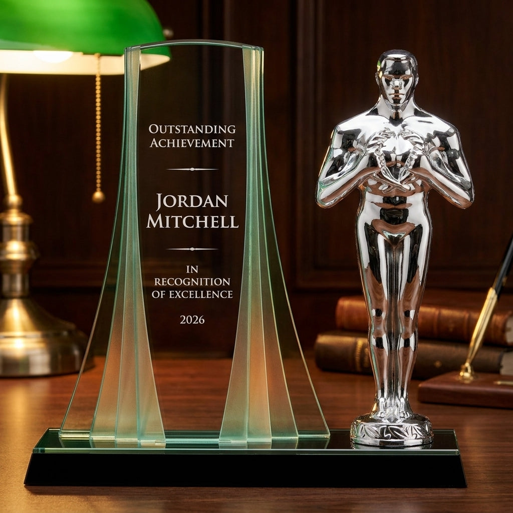 Personalized Apollo acrylic award on a warm executive desk with a green banker's lamp, engraved corporate recognition and retirement gift